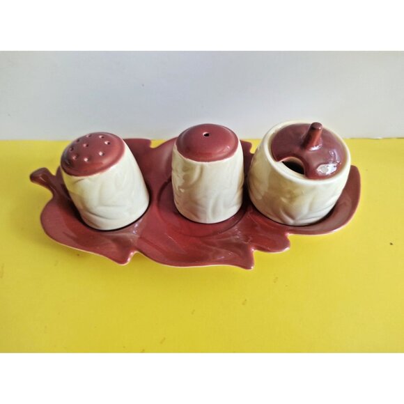 Vintage Carlton Ware England Cruet Set Leaf Twin Tone Design Beige & Brown - Picture 2 of 14